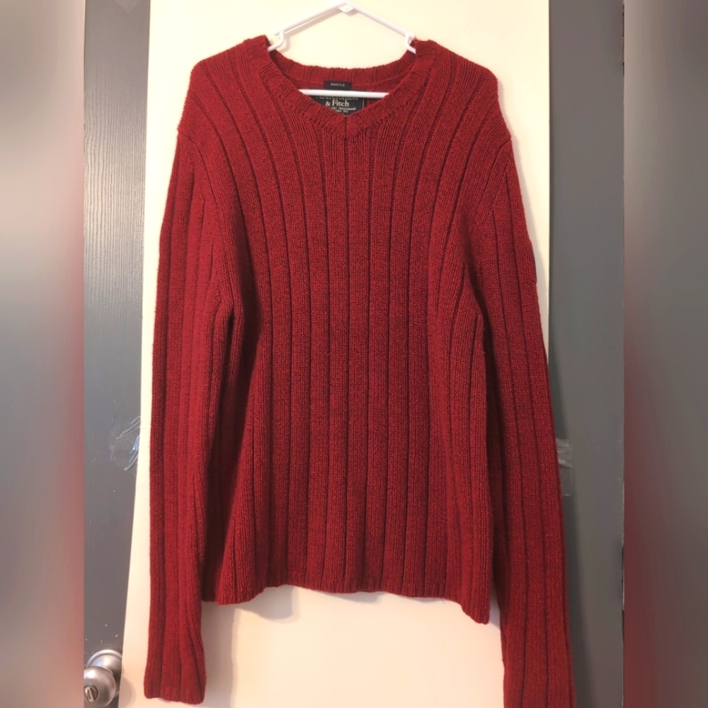 Abercrombie & Fitch Lambs Wool‎ Deep Red V-Neck Men's Sweater Size XL